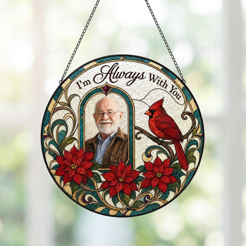 Round stained-glass style suncatcher with arched photo window, red cardinal, three red poinsettias and the words I'm Alw
