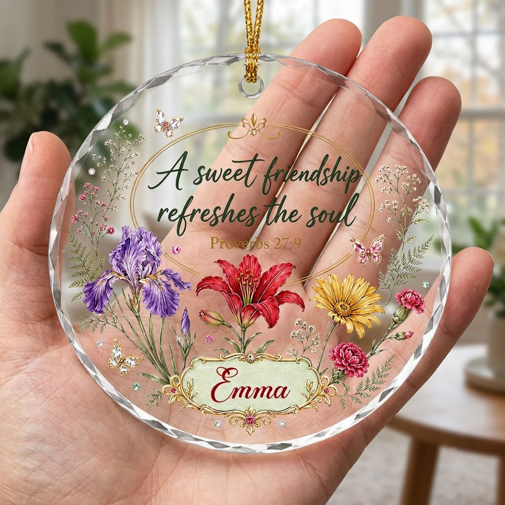 Round faceted glass ornament with florals, gold accents, butterflies, and 'A sweet friendship refreshes the soul'.