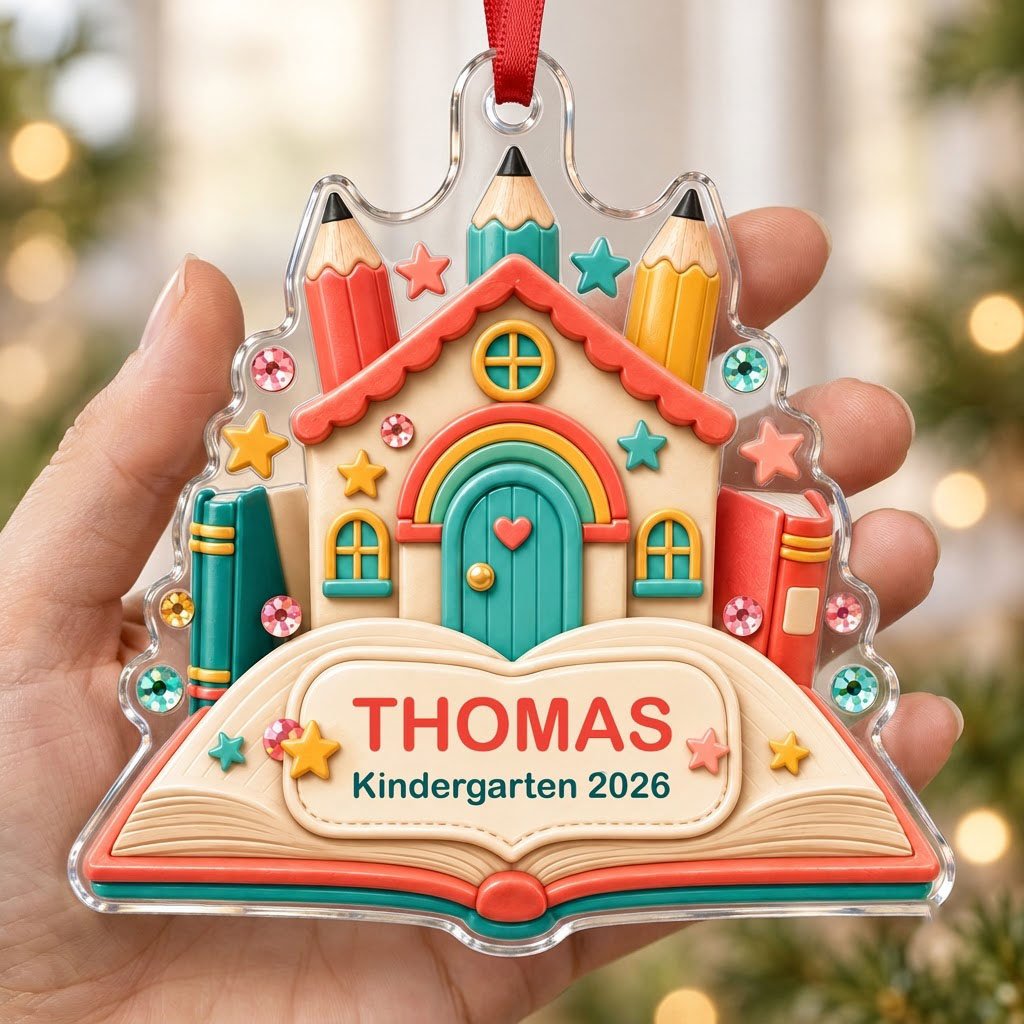 Clay-style schoolhouse on an open book with pencils and stars, personalized with child's name and Kindergarten 2026