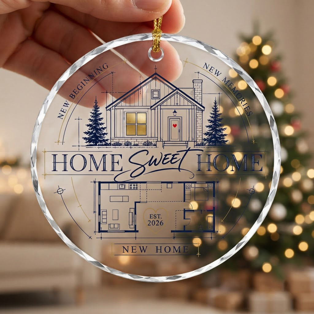 Personalized Home Sweet Home Blueprint Floor Plan Round Glass Ornament