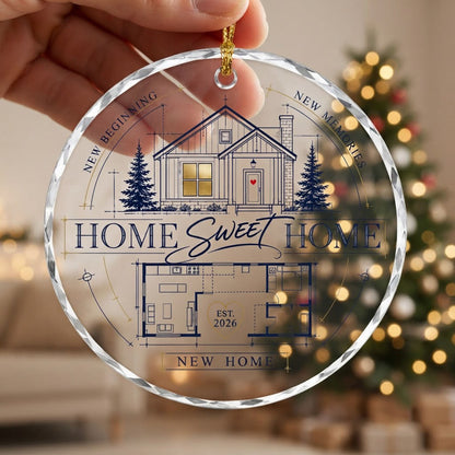 Personalized Home Sweet Home Blueprint Floor Plan Round Glass Ornament