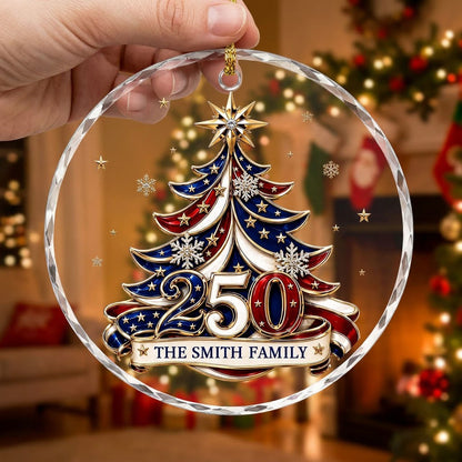 Personalized 250th Anniversary Patriotic Christmas Tree Round Glass Ornament
