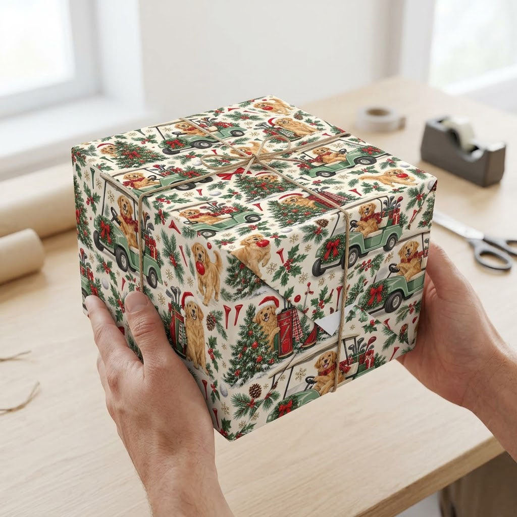 Golden Retrievers in green golf carts, Santa hats, ornaments, golf gear and holly on cream matte wrapping paper.