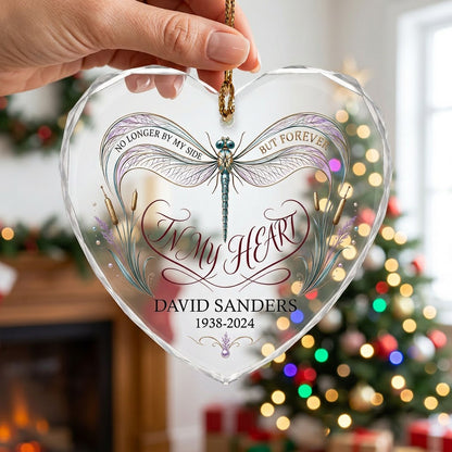 Personalized Dragonfly Memorial No Longer By My Side In My Heart Heart Glass Ornament