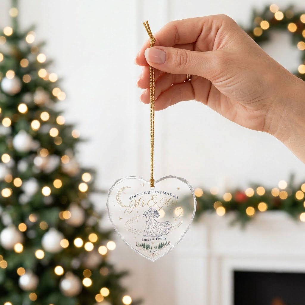 Personalized First Christmas as Mr & Mrs Dancing Couple Heart Glass Ornament