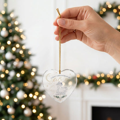 Personalized First Christmas as Mr & Mrs Dancing Couple Heart Glass Ornament