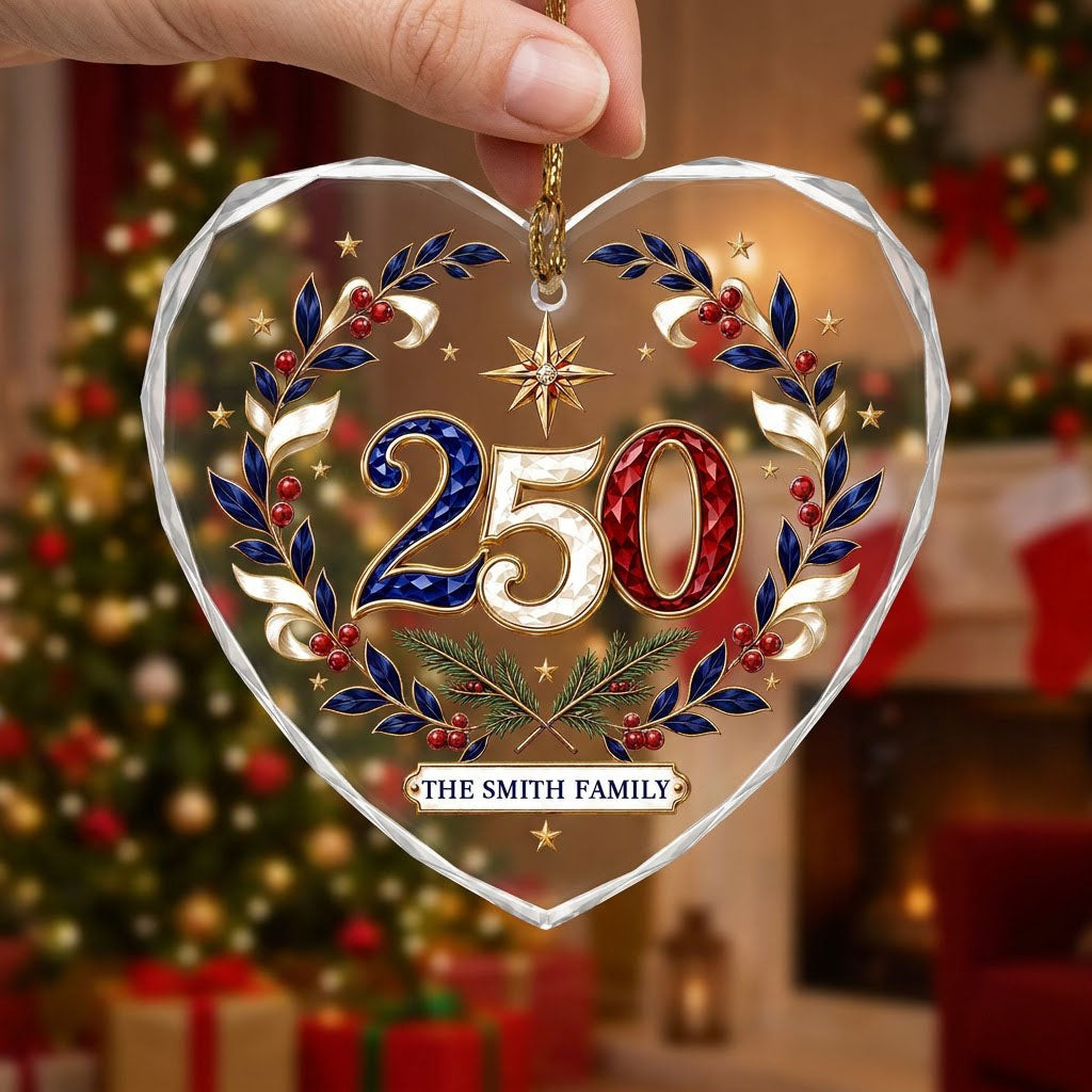 Personalized 250th Anniversary Patriotic Wreath Heart Glass Ornament