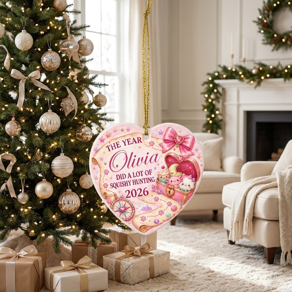 Heart ceramic ornament with a pastel treasure map, pink bow, compass, and a kawaii squishy-filled treasure chest.