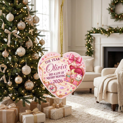 Heart ceramic ornament with a pastel treasure map, pink bow, compass, and a kawaii squishy-filled treasure chest.