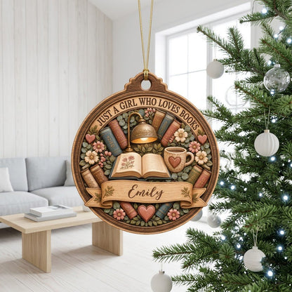 Round wood ornament with faux carved open book, glowing lamp, heart mug, stacked books, flowers, and a personalized name