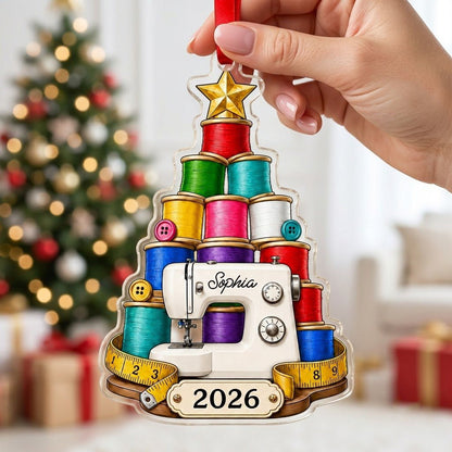Personalized Sewing Tree Acrylic Ornament, Custom Seamstress Quilter Christmas Keepsake