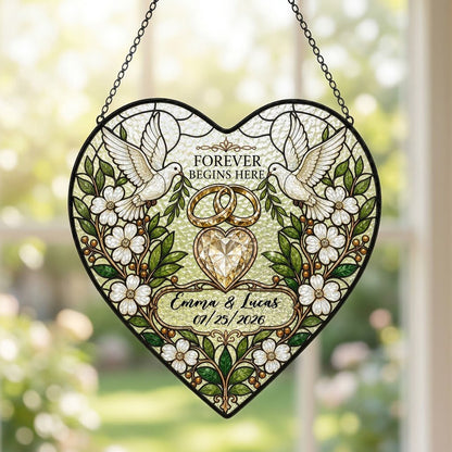 Personalized Wedding Doves & Diamond Heart Forever Begins Here Heart Stained Glass Suncatcher
