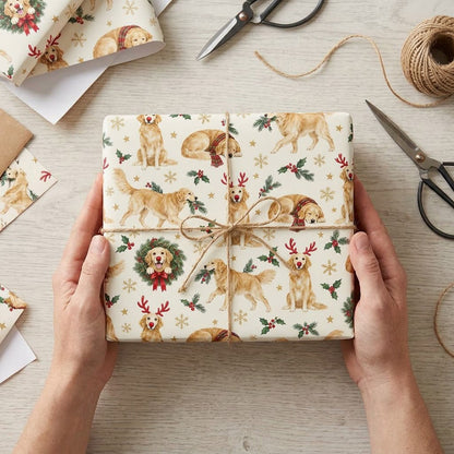 Cream wrapping paper with Golden Retriever dogs in antlers and scarves, wreaths, holly, snowflakes and stars.
