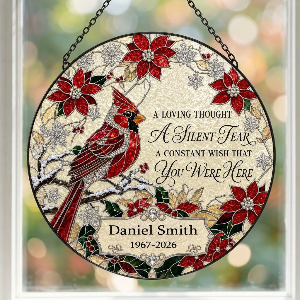 Personalized Red Cardinal Poinsettia A Silent Tear Memorial Stained Glass Round Suncatcher