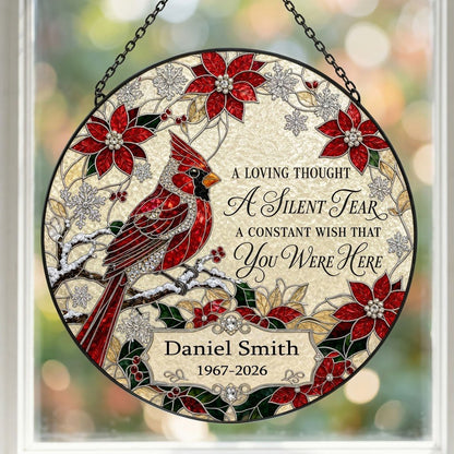 Personalized Red Cardinal Poinsettia A Silent Tear Memorial Stained Glass Round Suncatcher