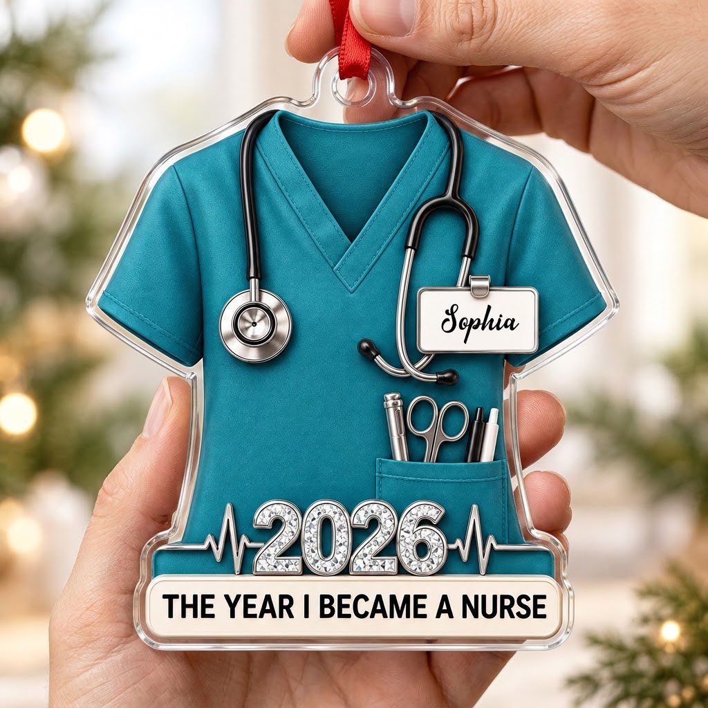 Teal scrub top acrylic ornament with stethoscope, ID badge, pocket tools, EKG line, 2026 numerals and a white name banne