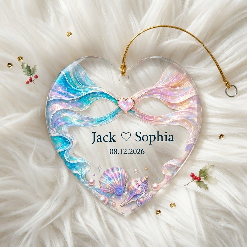 Personalized Iridescent Ribbon Seashell Heart Glass Ornament