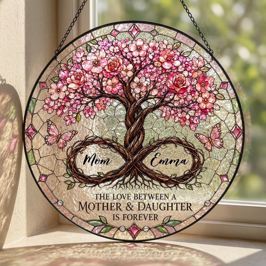 Round suncatcher with tree of life, pink blossoms, and 'THE LOVE BETWEEN A MOTHER & DAUGHTER IS FOREVER'