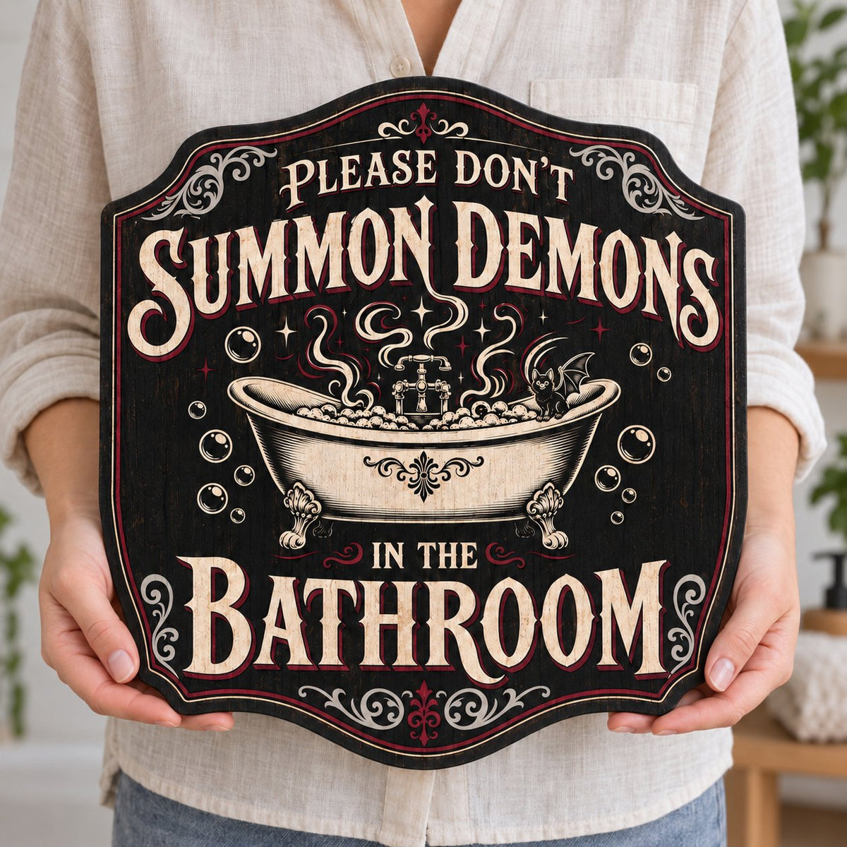 Ornate plaque with tub, bat-winged black cat, bubbles, stars, and 'Please Don't Summon Demons in the Bathroom'.