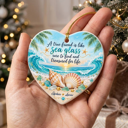 Heart ceramic ornament with beach sunset, palm trees, shells, sea glass, starfish, and a friendship quote.