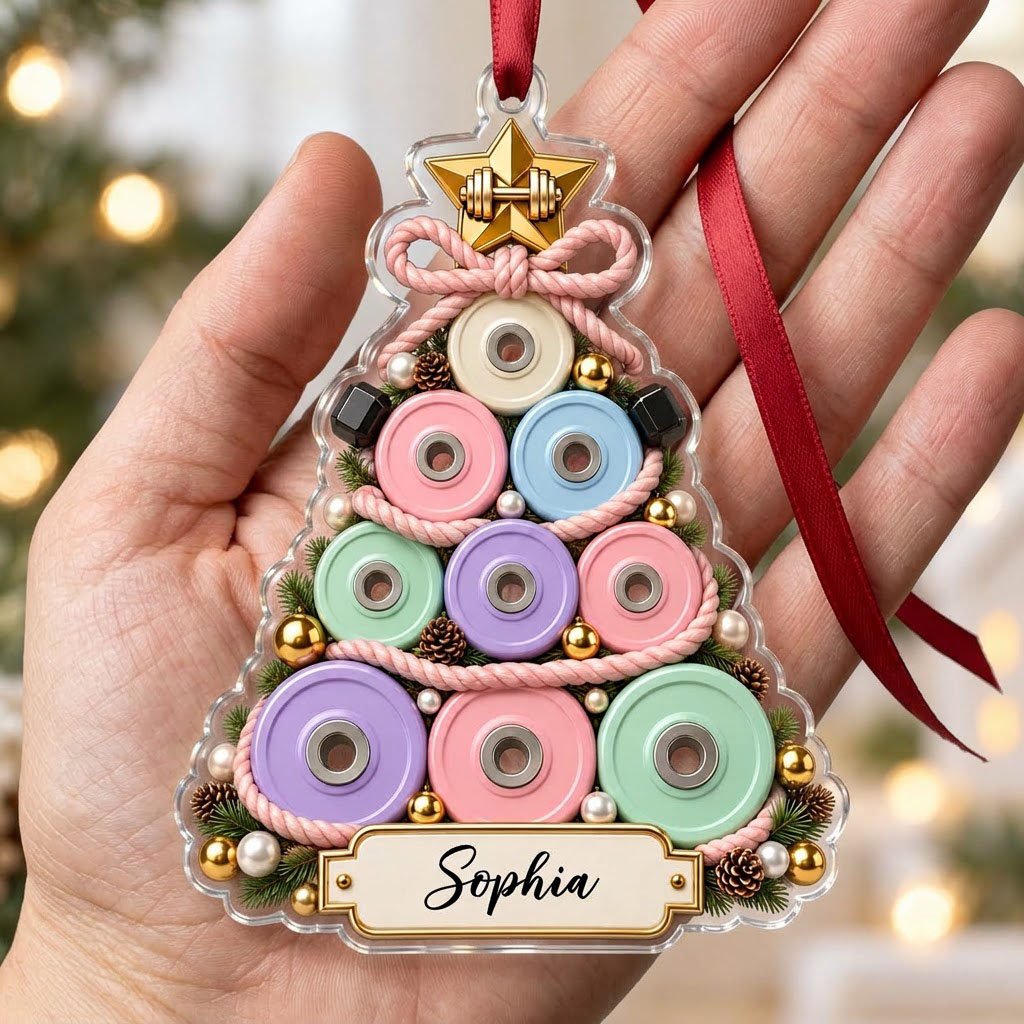 Acrylic Christmas tree ornament of stacked pastel weight plates with a gold star dumbbell and a cream name banner.