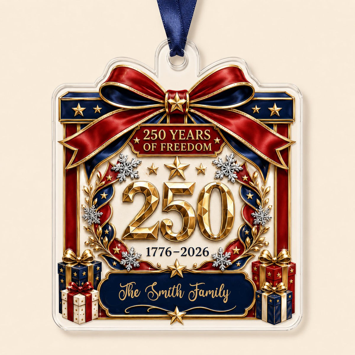Personalized America 250th Gift Box Acrylic Ornament, Custom Patriotic Holiday Keepsake