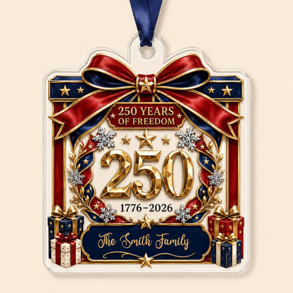Personalized America 250th Gift Box Acrylic Ornament, Custom Patriotic Holiday Keepsake