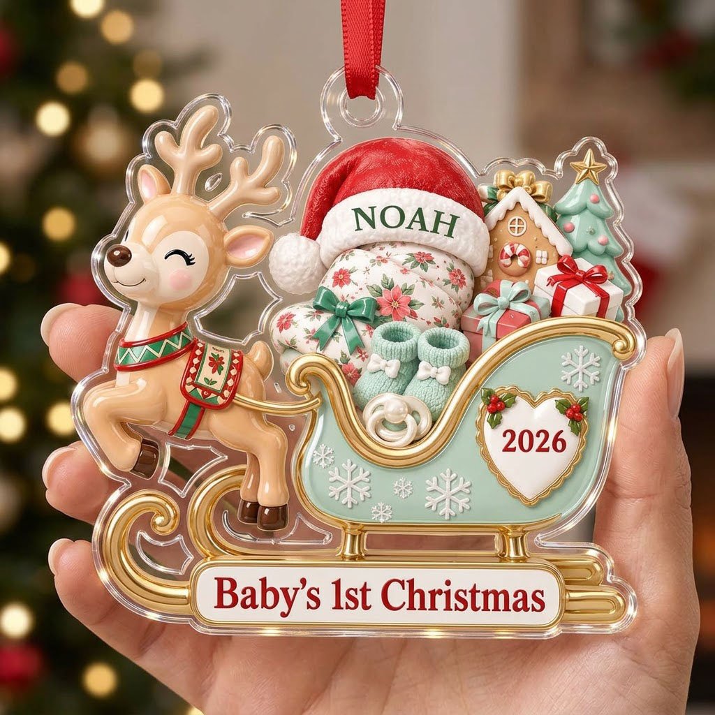 Acrylic ornament of a reindeer pulling a mint-green sleigh with a baby, gifts, and 'Baby's 1st Christmas' text.