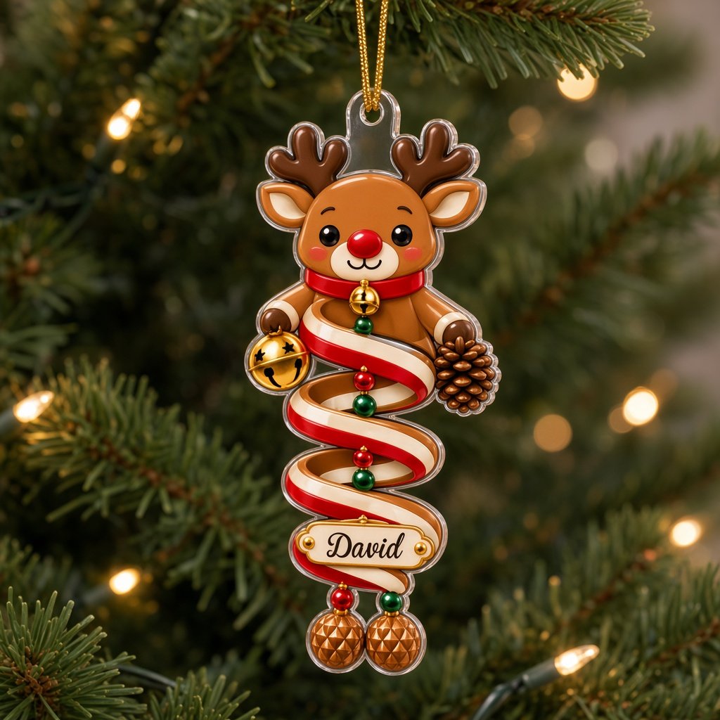 Acrylic ornament showing a polar bear and Mrs. Claus made of spiral ribbons with two personalized names on each characte