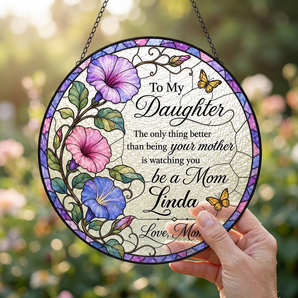 Stained glass–style round suncatcher with three morning glories, two yellow butterflies, and a purple-blue mosaic border