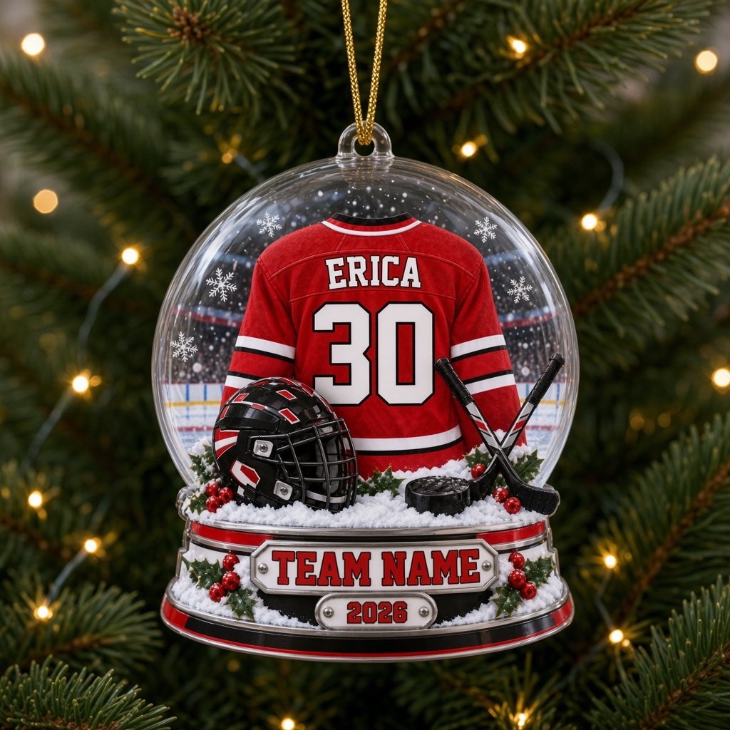 Snow globe acrylic ornament with red and white hockey jersey, black helmet and puck, and a snowy rink backdrop.