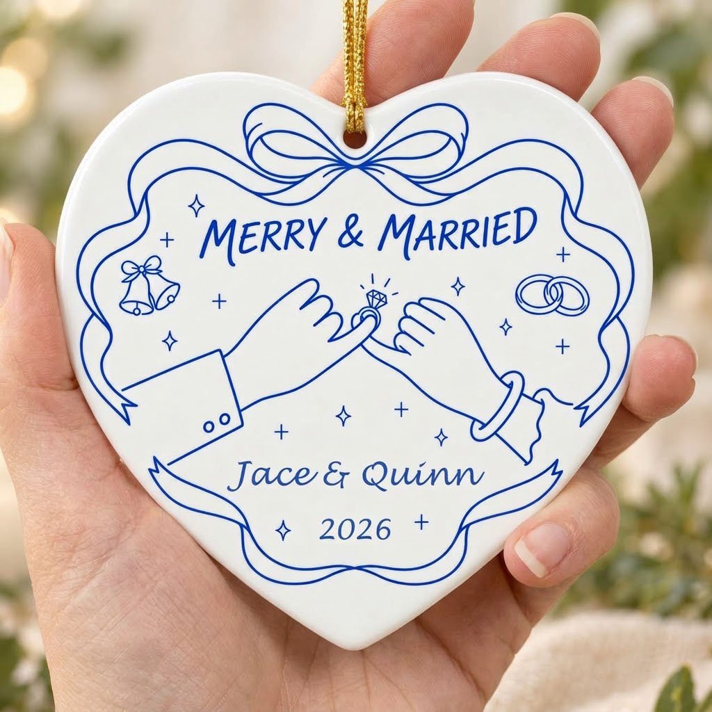 White heart ceramic ornament with blue line art: pinky promise hands, bells, rings, and MERRY & MARRIED text.