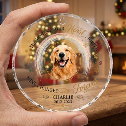 Personalized Dog Memorial Photo The Moment Your Heart Stopped Round Glass Ornament