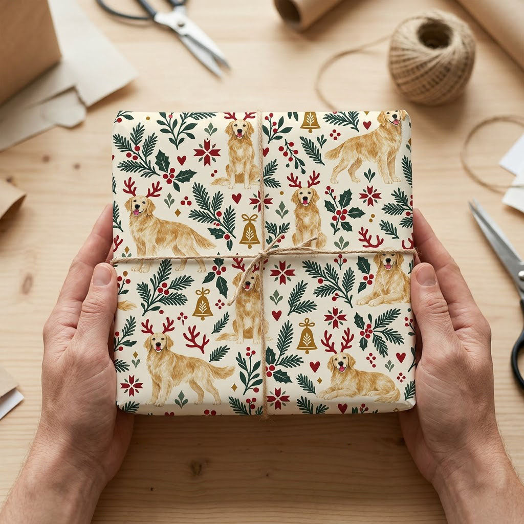 Cream wrapping paper with golden retrievers in red antler headbands, pine sprigs, red berries and gold bells.