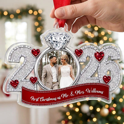 Acrylic ornament shaped like 2025 with a diamond-topped ring photo frame, red heart jewels and a red name banner