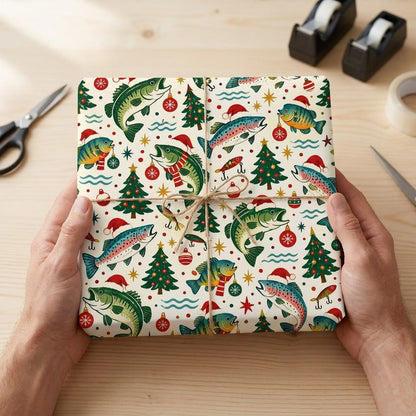 Wrapping paper with fish in Santa hats and scarves, trees, ornaments, lures, stars and blue wavy lines
