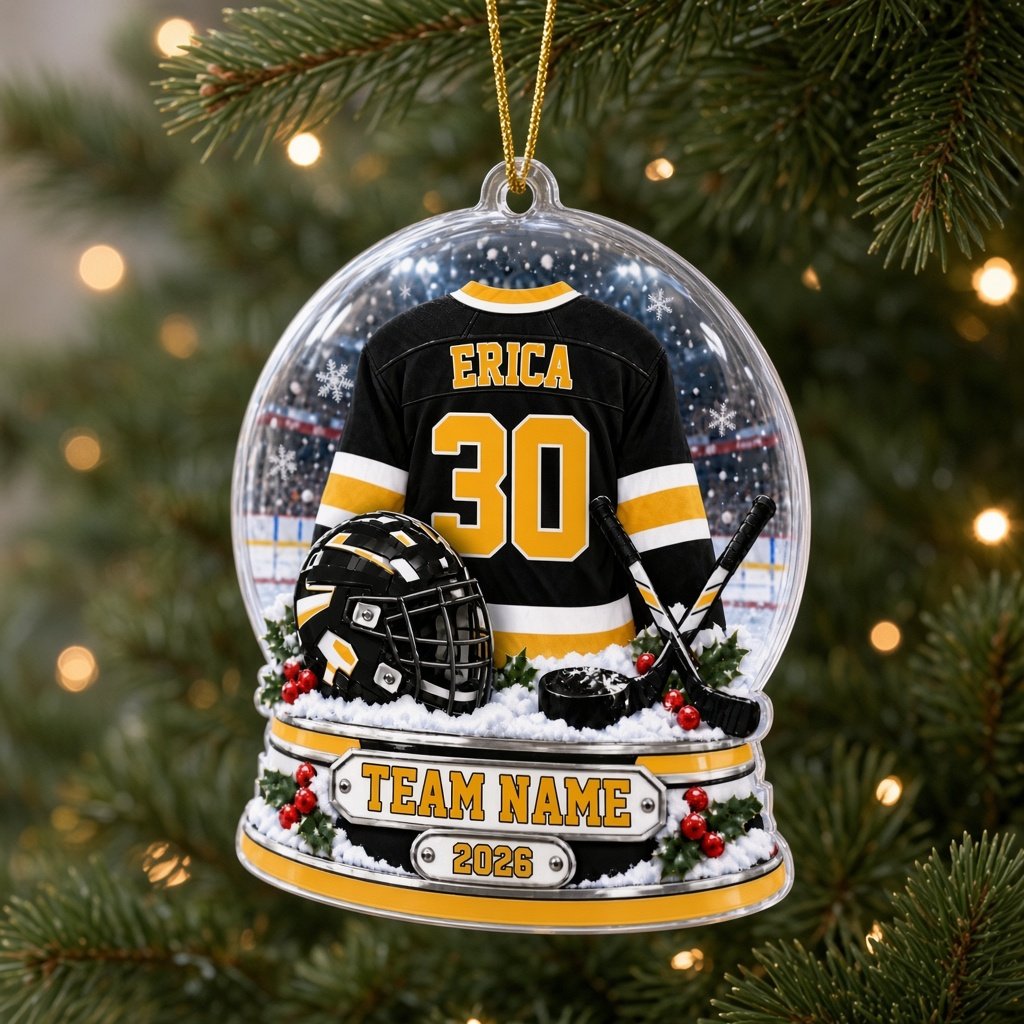 Snow globe acrylic ornament with black and gold hockey jersey, crossed sticks, puck, holly and a year plaque.