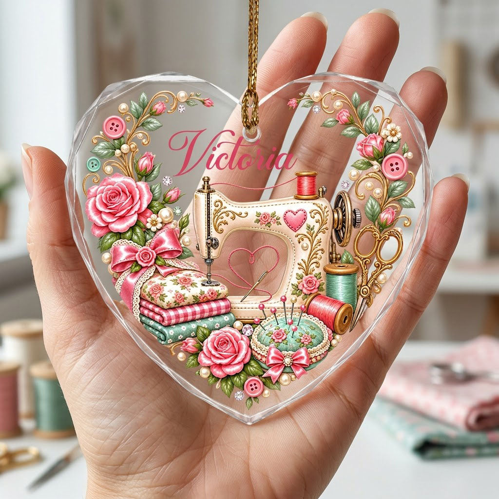 Heart-shaped glass ornament with vintage cream sewing machine, pink roses, buttons, and a personalized name.