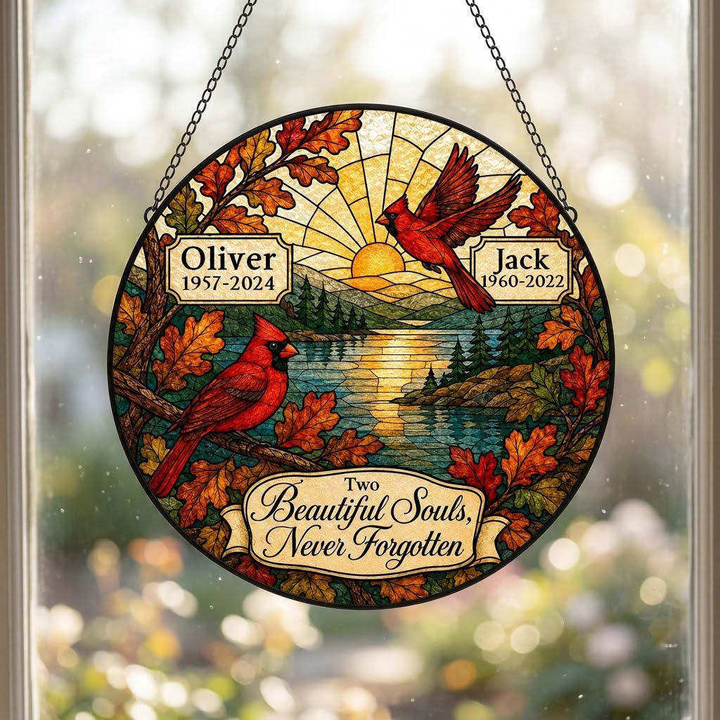 Two red cardinals with a glowing sun over a mountain lake and pine trees, framed by autumn oak leaves on a round suncatc
