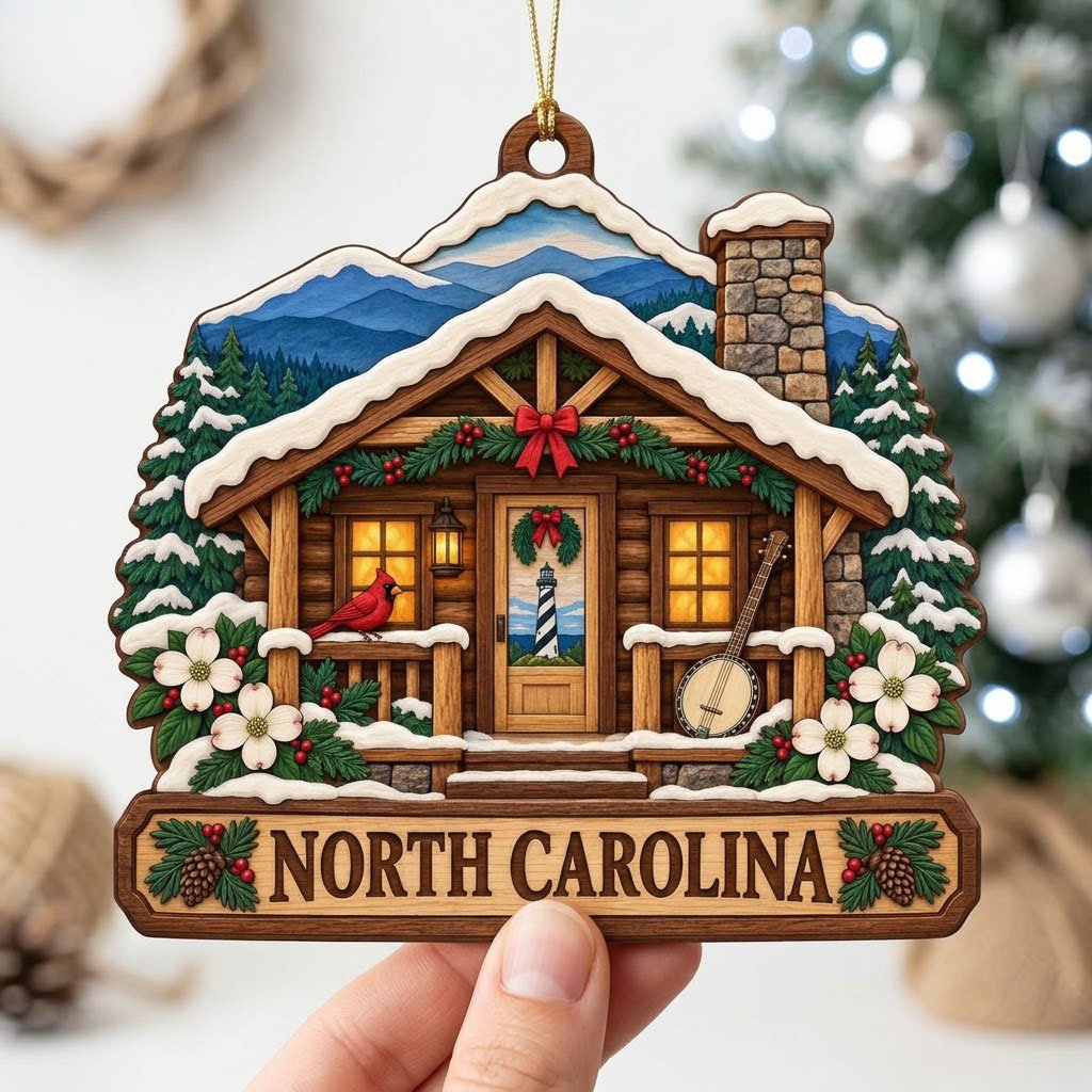 Log cabin ornament with NORTH CAROLINA banner, red cardinal, banjo, dogwood flowers, pine trees, and blue mountains.
