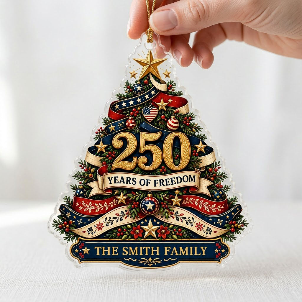 Personalized America 250th Christmas Tree Acrylic Ornament, Custom Patriotic Holiday Keepsake