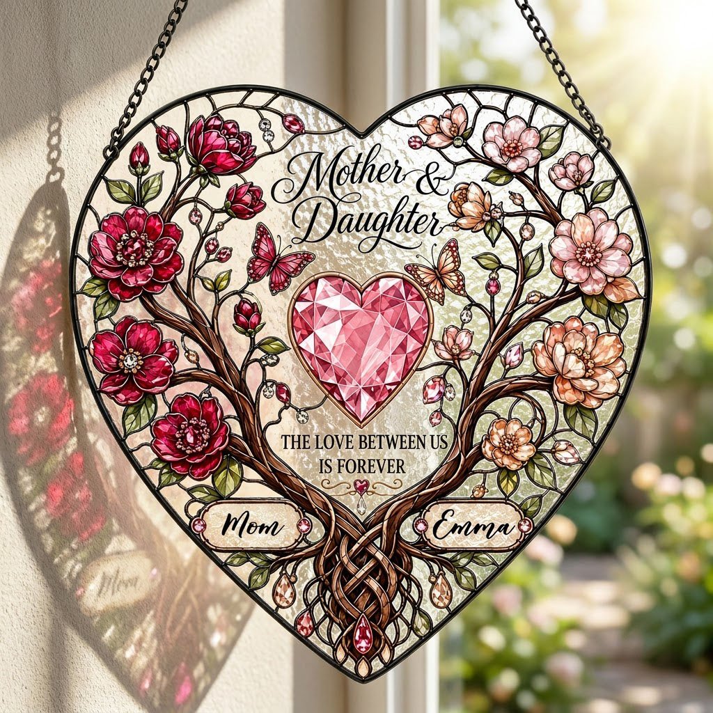 Heart-shaped stained-glass style suncatcher with intertwined trees, red and pink flowers, butterflies, and a pink gem he