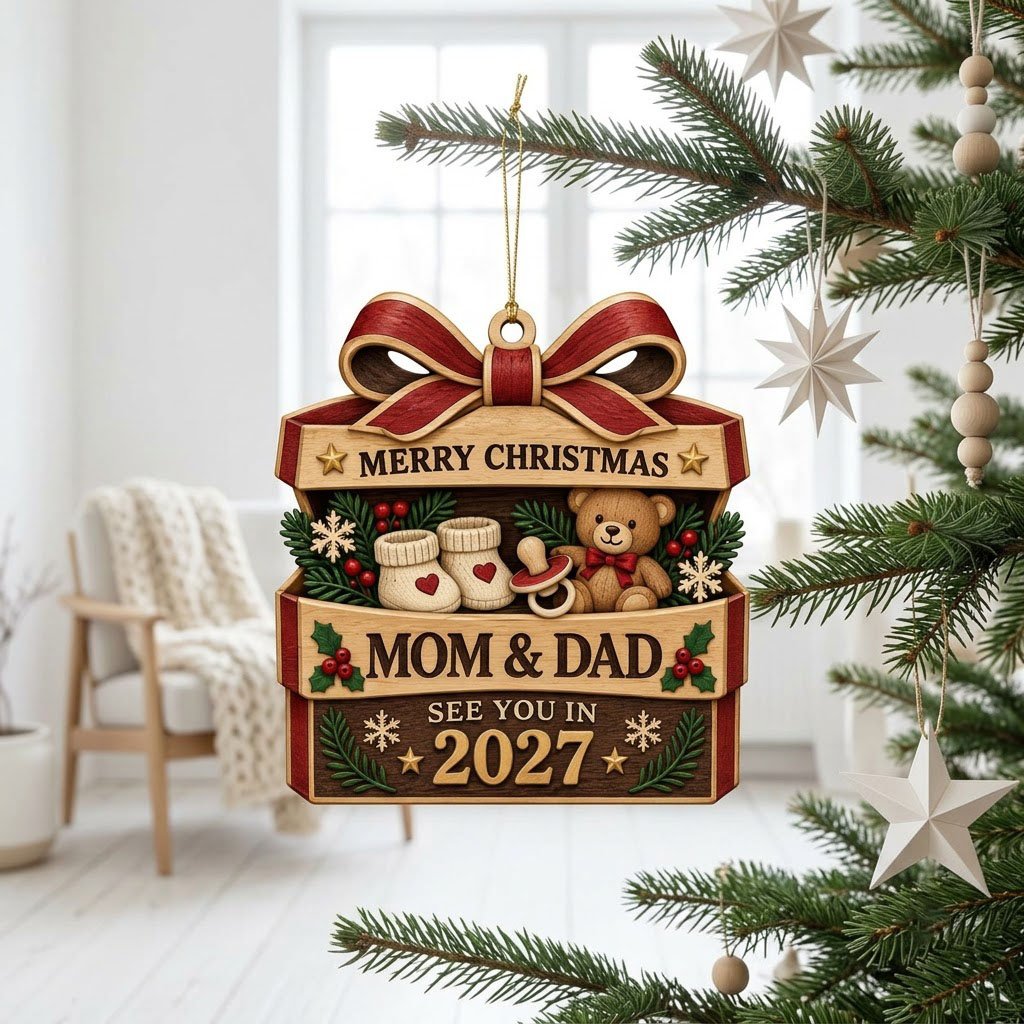 Gift box-shaped wood ornament with red bow, baby booties, teddy bear, and 'Mom & Dad See You In 2027' text.