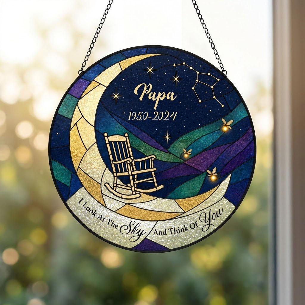 Round stained-glass suncatcher with a crescent moon, rocking chair, fireflies and a memorial banner.