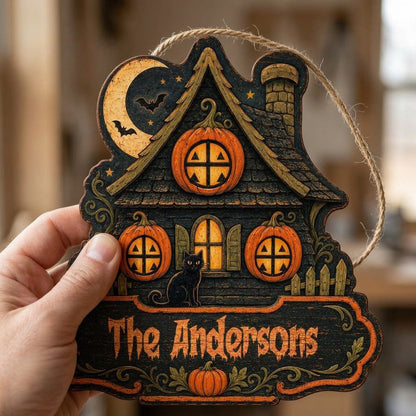 Custom-cut haunted house wooden sign with moon, bats, pumpkin windows, black cat, picket fences, and a family name banne