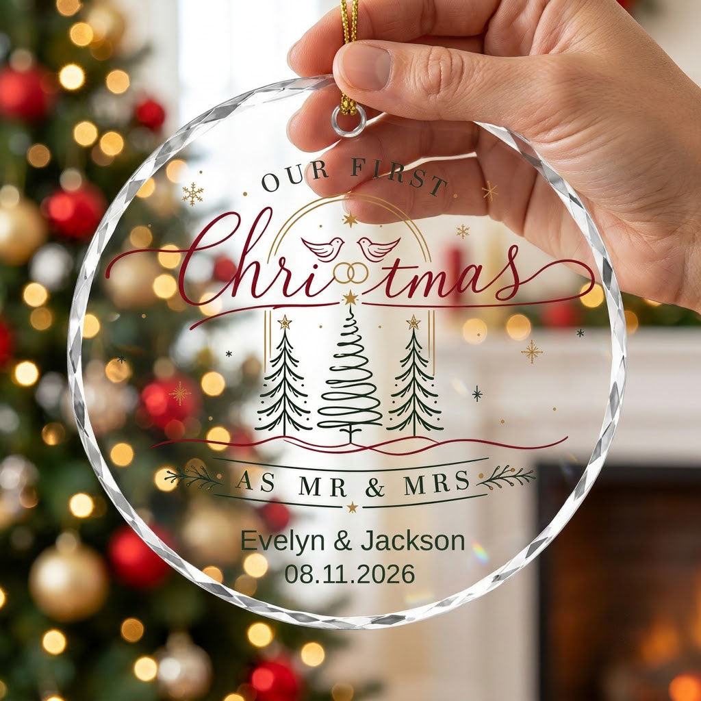 Personalized Our First Christmas as Mr & Mrs Doves and Trees Round Glass Ornament
