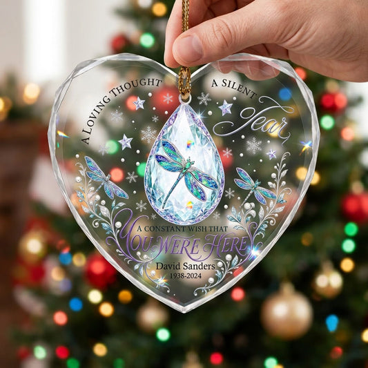 Personalized Dragonfly Crystal Teardrop Memorial Heart Glass Ornament