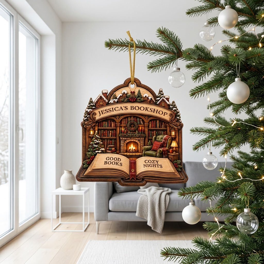 Custom-cut wood ornament with arched loop and open book base, cozy bookshop scene with tree, fireplace, armchair.