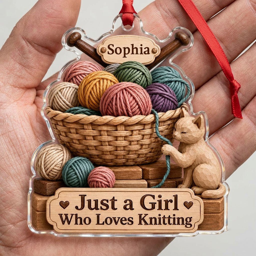 Acrylic ornament shaped around a yarn basket, cat and needles with 'Just a Girl Who Loves Knitting' and a name banner.