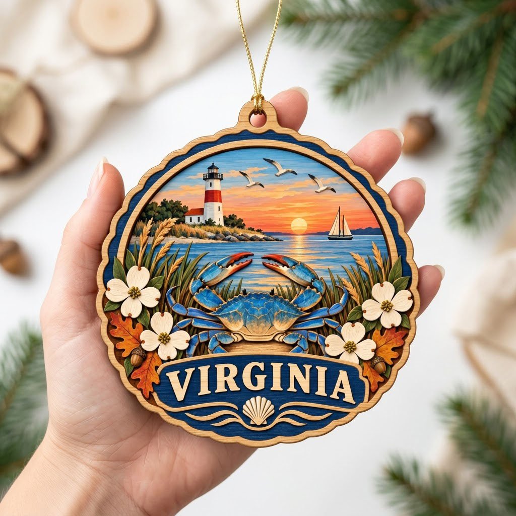 Scalloped wood ornament with blue crab, dogwood, lighthouse, sailboat, seagulls, and sunset over water with Virginia ban
